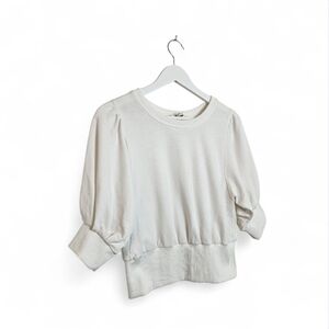 Umgee White Puff Sleeve Sweatshirt Top Semi Cropped Crewneck Womens Size S